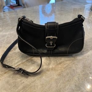 Black Leather Coach Shoulder Bag with Buckle 11" x 16"
